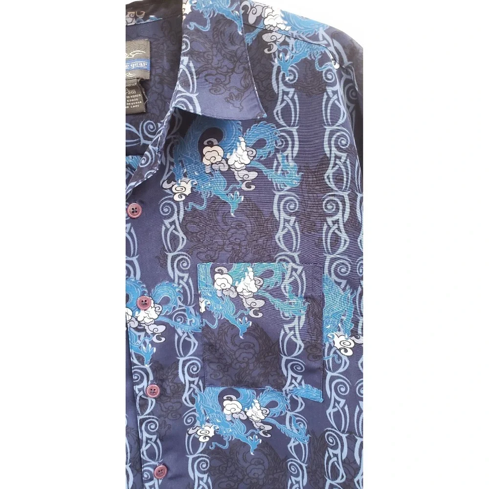 Extreme Gear Vintage Hawaiian Shirt Mens XL Blue Dragons Waves‎ Tribal Y2K Short